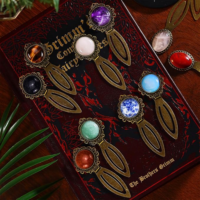 2Pcs Vintage Natural Crystal Stone Bookmark- Fantasy Amethyst Rose Quartz Bookmarks&Amethyst Brass Metal for Reading Women, Men, Book Lovers, Girls and Teachers Book Marks(Rose Quartz&Purple)