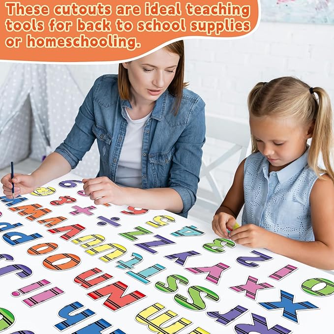 150Pcs Crayon Bulletin Board Letters Crayon Themed Classroom Decor Alphabet Combo Set Alphabets Numbers Symbols Paper Cutouts for Crayons Party School Classroom Blackboard Decoration Supplies