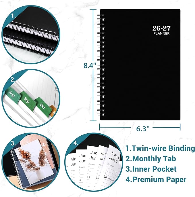 Planner 2026-2027 - Academic Planner 2026-2027, Weekly and Monthly, Jul 2026 - Jun 2027, 26-27 Planner 6.3” × 8.4”, Notes, Thick Paper, Back Pocket, Twin-wire Binding