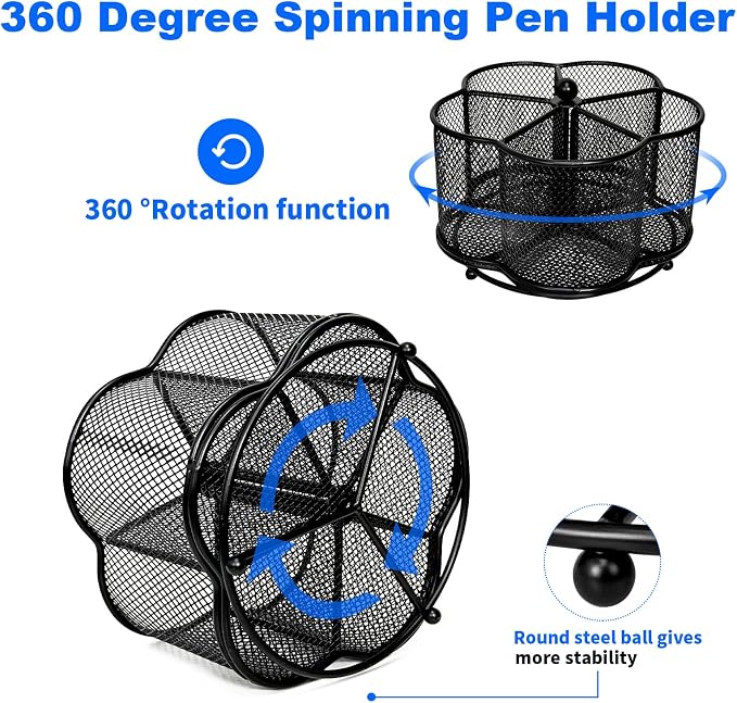 360 Degree Rotate Pen Holder for Desk Mesh Desk Pen Organizer Pencil Holder Large Capacity Accessories & Workspace Organizers for School,Home (Black, No hook)