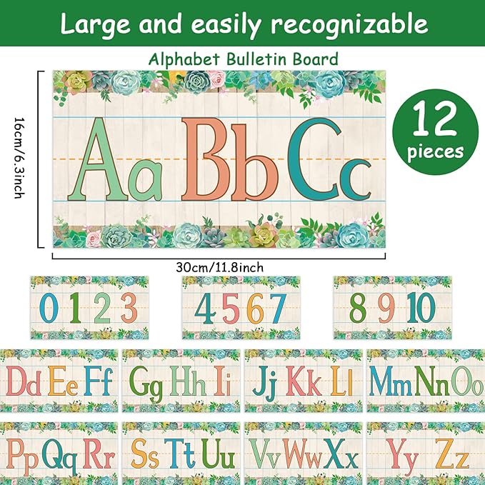 12 Pieces Alphabet Bulletin Board Strips Set Alphabet Line ABC Alphabet Banner & Number Border Posters for Preschool Kindergarten Classroom Playroom Bedroom (Succulent)