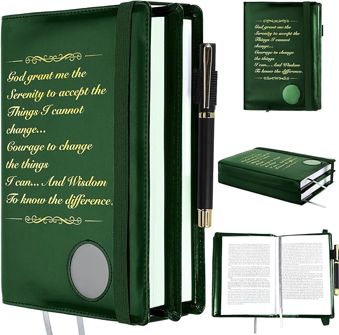 Motipuns Double Alcoholics AA Big Book Cover for 12 Steps & 12 Traditions Double AA Book Cover with Medallion Holder Pen Clip Alcoholics Gifts for Serenity Prayer(Dark Green)