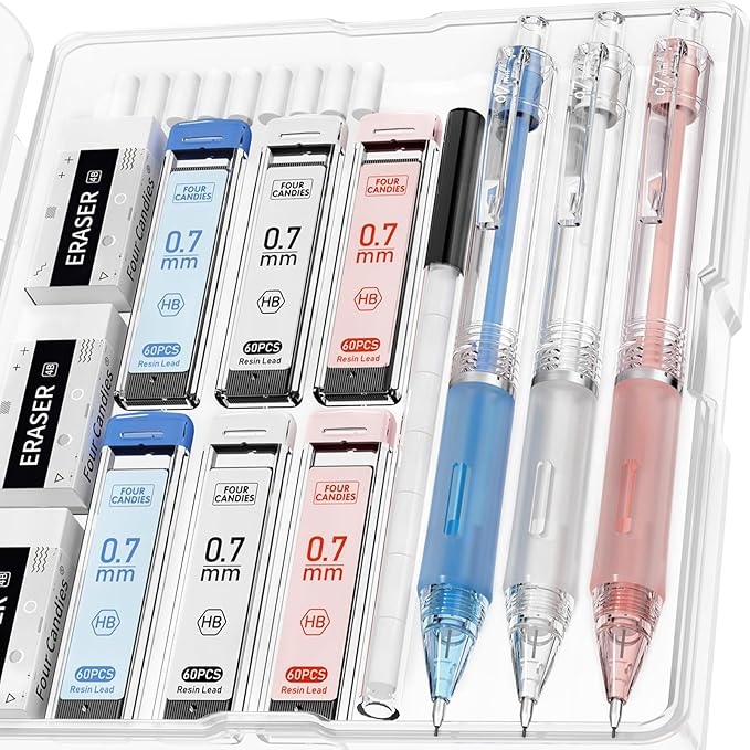 Four Candies Mechanical Pencil Set with Case, 3PCS Aesthetic Mechanical Pencils 0.7mm with 360PCS HB Lead Refills, 12PCS Erasers, Cute Mechanical Pencils for Writing, Drawing and Sketching
