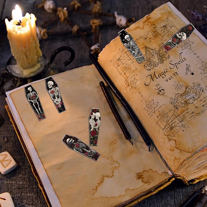 30 Pcs Gothic Skeleton Magnetic Bookmarks, Coffin-Shaped Rose and Skull Book Mark Clips for Book Lovers, Dark Romance Magnet Page Markers for Women Men, Halloween Bookish Gifts