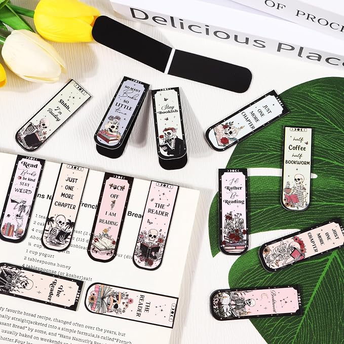 Skeleton Reading Bookmark Magnetic Gift - Wxiben 30 Pcs Gothic Skull Bookmarks Magnetic Floral Skeleton Book Marks Page Magnets Marker Clip for Women Men Students Teacher Book Lovers Bookish