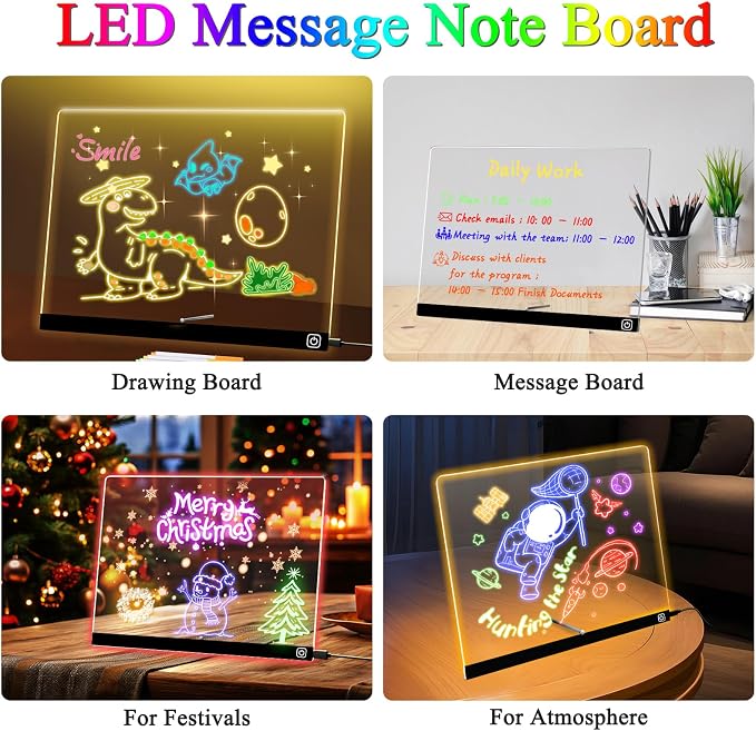 LED Note Board with Colors, 11.8"X9.4" Led Drawing Board Acrylic Dry Erase Board with Light 7 Colors Message Writing Board Night Light with 7 Markers for Home/Office/Christmas Decor