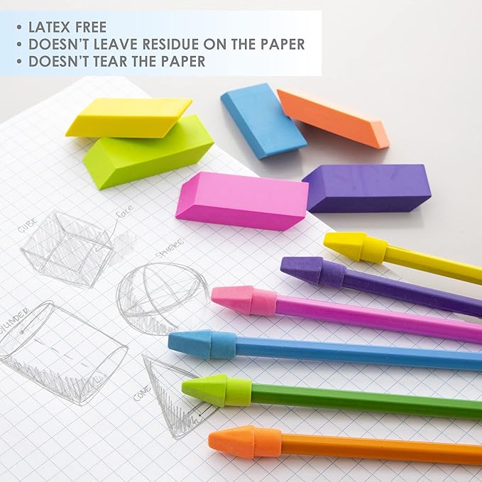 BAZIC Products Erasers + Pencil Top Erasers Set (12/Pack), Block Bevel Erasers Neon Color, Arrowhead Caps Tops, Latex Free, for Art Drawing School, 2-Packs