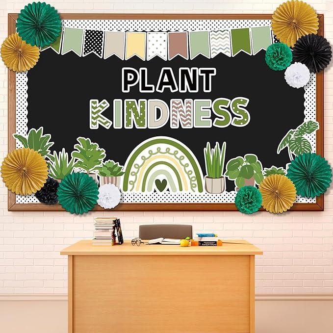 Summer Greenery Bulletin Board Decorations with 3D Tissue Paper Flower Paper Fan Positive Plant Kindness Classroom Bulletin Board Border Greenery Rainbow Cutouts for School Home Chalkboard Supplies