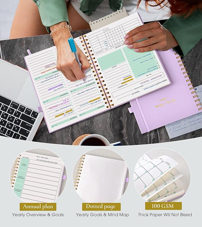 Undated Weekly and Monthly Planner, B5 Large Weekly To Do List Notebook with Goal & Habit Tracker Organizer, Hardcover Spiral Bound Blank Monthly Planner for Work School Home 7.4" x 9.64"Purple