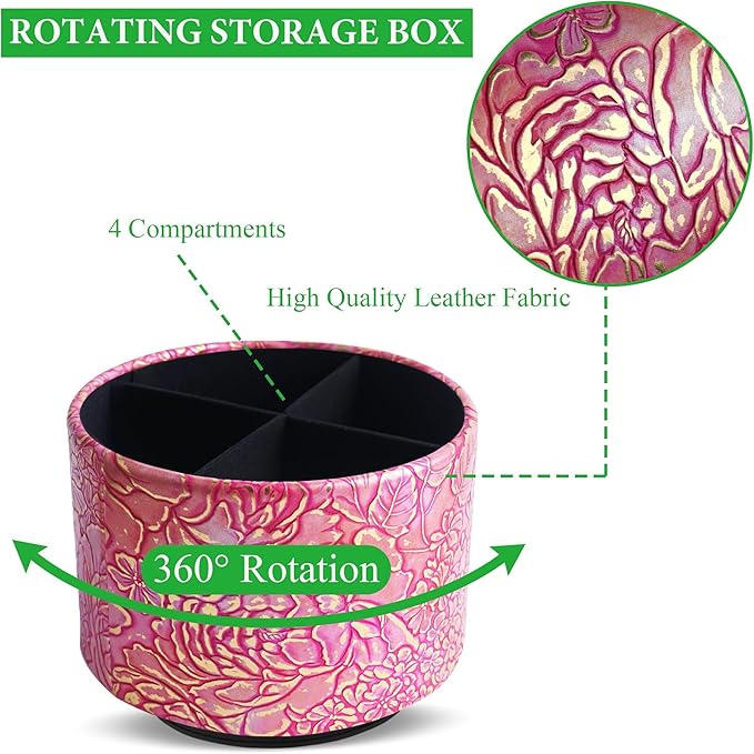 Round Leather Art Supply Organizer,Remote Control Holder,360 Degree Spinning,Multi-Functional Pencil Holder,4 Compartments Desktop Stationary Organizer(1-Rich Flower Pink)