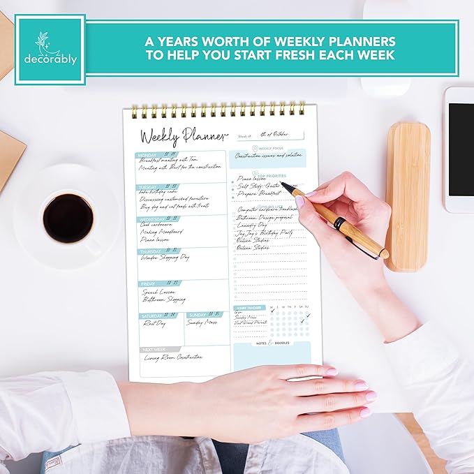 Decorably 52 Sheets Blue Undated Weekly Planner Only Day Sheets Journal - 6.5x10in Spring-Bound, Easy Tear-Off Design, with Focus, Priorities, to-do List, Habit Tracker & Notes - Home, School, Office
