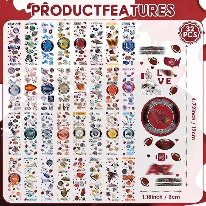 32 Pcs Rugby Football Gameday Waterproof UV DTF Bookmark Wraps, Acrylic Bookmark Blanks UV DTF Stickers, Football Team Rub on Transfers Stickers Decals for Book Lover DIY(Stickers Only)
