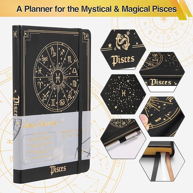 AuroPlanner Pisces Zodiac Undated Planner – Monthly Weekly Daily Astrology Portable Journal Notebook, A5 (5.8” × 8.3”), 160 Pages 4-Month Layout, 100 GSM Paper