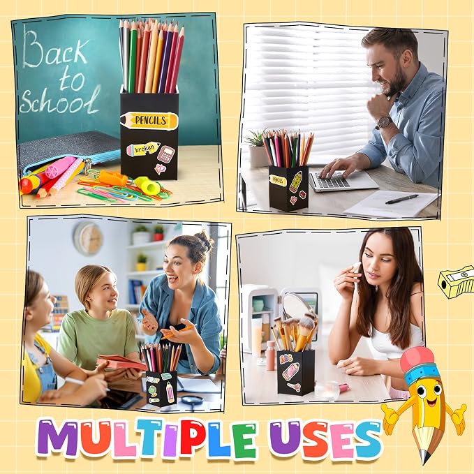 Funrous 4 Pack Black Acrylic Pen Pencil Holder Desktop Pencil Dispenser Makeup Brush Holder Organizer with Colorful Stickers for School Office Home Supplies, 3.94 x 2.56 x 2.56 Inches