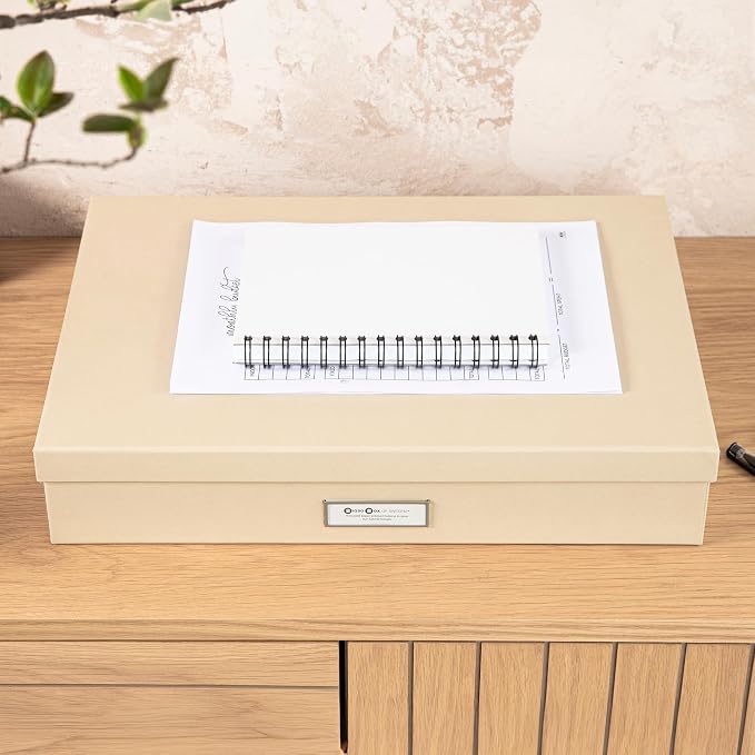 Bigso Sverker Fiberboard Legal/Art Storage Box - Scrapbook Storage Box for Papers, Photos, and More - Durable Keepsake Boxes with Lid and Metal Label Holder - 3.3in x 17.1in x 12.2in - Fawn