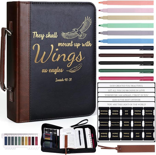 XKDOUS 20 Pcs Leather Bible Cover Kit for Men Brown Bible Cover Case Black Bible Bag with Study Supplies Large Church Bag Holder Carrying Case Fathers Day Gifts for Dad