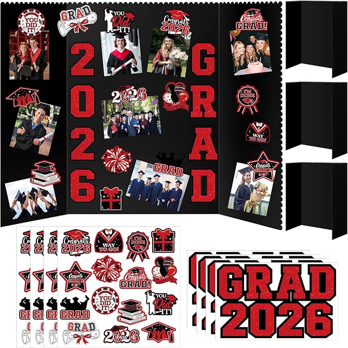 4 Set Graduation Photo Display Board, Class of 2026 Black Red Trifold Poster Board with Grad Pattern Stickers, Graduation Photo Props Collage for Multiple Pictures Party Decorations, 16x24 Inch