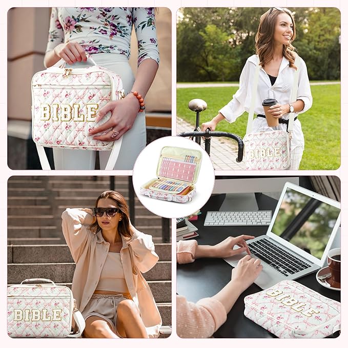 Sinload Quilted Bible Cover Case for Women 12 x 9 x 2.5 Inch Bible Chenille Letter Bag with Shoulder Strap Carrying Tabs 6 Colored Pens 12 Highlighters Christian Church Study Gifts(Pink,Bow Floral)