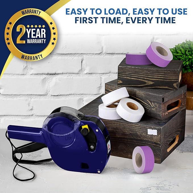 Perco Lite 1 Line Price Gun with Labels Kit - Includes 3 White Rolls, 1 Gun Clip, 3 Purple Rolls, 2 Ink Rollers, 1 Ink roll and Labels Pre-Loaded