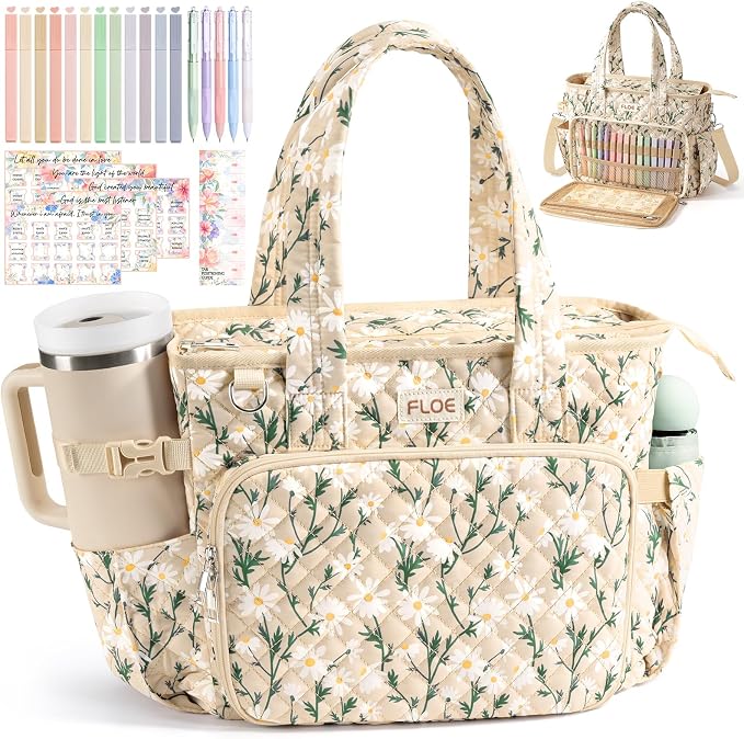 Large Bible Bag for Women Bible Cover Case, Quilted Puffer Bible Tote Bag Church Bag w/Shoulder Strap, Bible Study Supplies Journaling Kit Accessories Pen Tabs, Christmas Christian Gifts for Women Mom