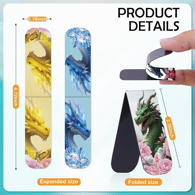 Cool Dragon Flower Magnetic Bookmark, 15Pcs Fantastic Floral Dragon Book Marks, Unique Animal Page Magnet Book Markers for Men Boy School Student Teacher Reading Lovers Gift