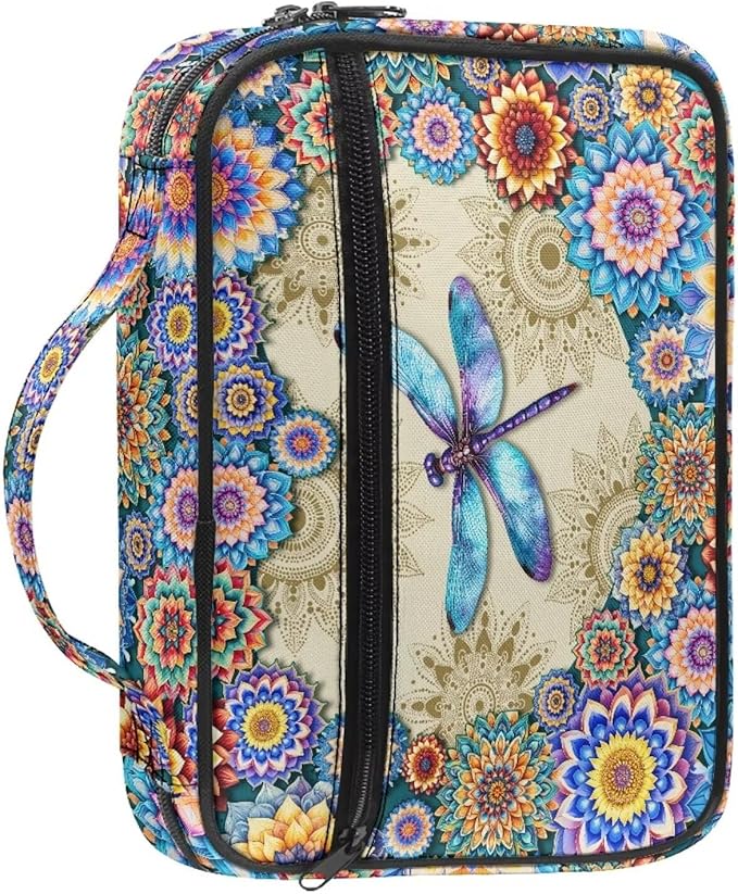 Boho Mandala and Dragonfly Print Bible Covers for Women Men Zippered Bible Carrying Case Bible Carrier Book Bag Church Bag Bible Protective with Handles