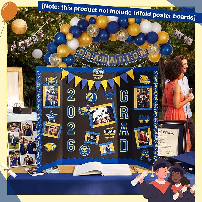 31 Pcs Graduation Photo Poster Board Decor Set Include 28 Sheets Graduation Themed Stickers 2 Rolls Picture Frame Tape 1 PC Banner for 2026 Grad Party College Board Photo Frame Decor(Blue)