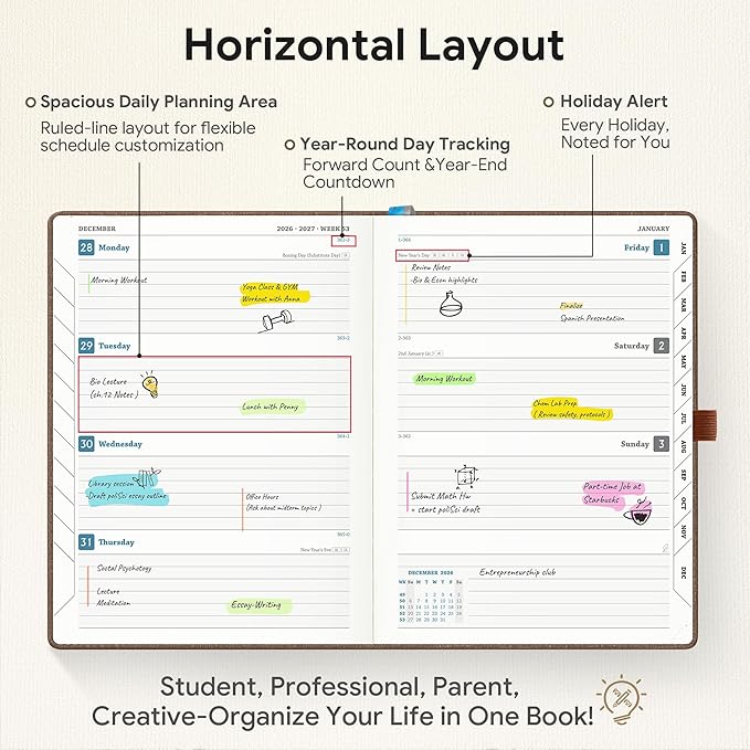 Planner 2026-2027 Weekly & Monthly Planner, 18 Month Academic Calendar July 2026 – Dec 2027, Horizontal Layout with Monthly Tabs, Textured Fabric Hardcover, Coffee