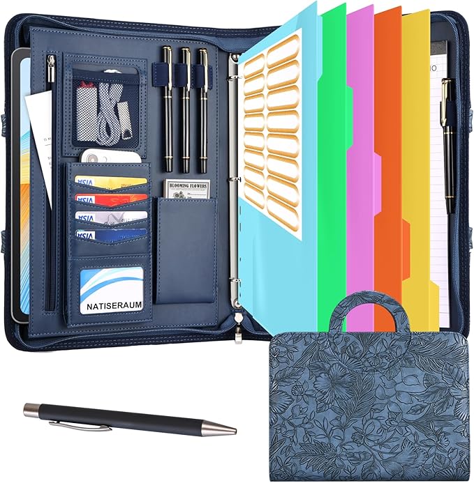 Padfolio Portfolio Binder with Handle, 3-Ring Folder Organizer, Vegan Leather Portfolio with Notepad Includes 5 Dividers with 10 Pockets for Documents Filesfor Documents Files and 1 Pen