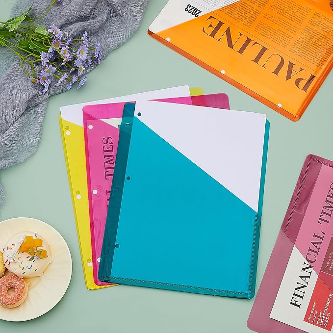 Maitys 5 Pack Binder Pockets 3 Hole Punch Clear Plastic Document Folders Binder Organizer Store Letter Size 8.5 x 11 Inch Paper Folders with Pockets Slash File Jacket for Office(Summer Color)