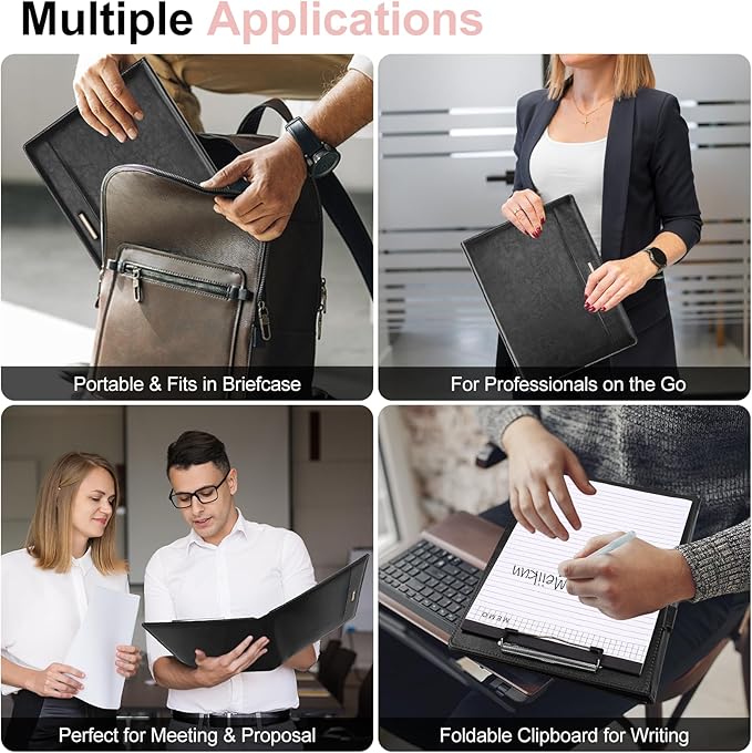 Padfolio with Clipboard, PU Leather Business Portfolio Binder, Interview Resume Folder with Card Holder, A4 Letter Document Organizer Included Writing Note Pad for School Office Conference (Black)