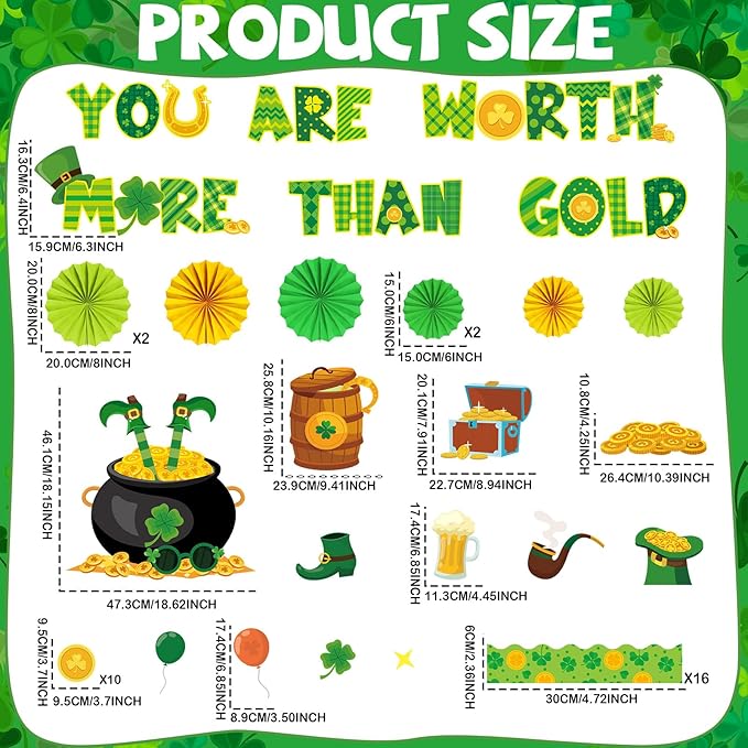 St. Patrick's Day Bulletin Board Classroom Decorations with 3D Paper Fans You are Worth More Than Gold for Lucky Shamrock Clover Gold Coin Cutouts Bulletin Board for Irish Holiday School Wall Decor