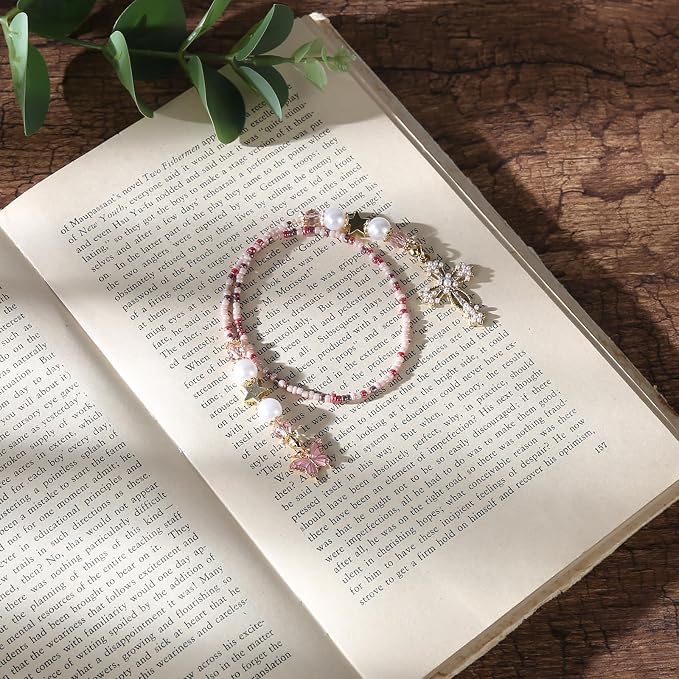 Vintage Pink Cross Beaded Bookmark - Butterfly Beads Book Mark for Women, Christian Religious Aesthetic Accessories Bookish Gifts for Booklovers Students Teachers