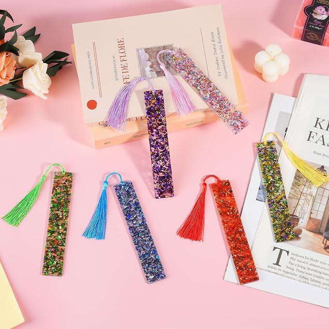 Leezmark 6 Pcs Resin Glitter Bookmarks with Colorful Silk Tassels, Transparent Acrylic Unique Bookmarks for Kids Reading, Cool Book Accessories for Book Lover Gifts (6 Colors)