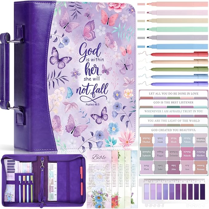 XKDOUS Purple Bible Cover for Women, Leather Bible Bags Set with Study Supplies, Tabs, Pens, Bookmarks, Large Book Carrying Case Carrier Tote Bag Christmas Gifts for Lady