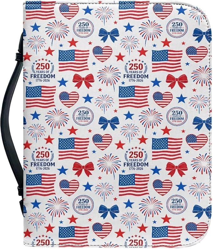 Bible Cover for Women, 250 Year American Flag Carrying Religious Scripture Organizer Bag Zipper and Pockets PU Leather Bible Holder Patriotism Gifts for Women