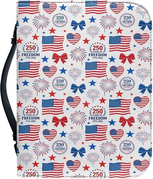 Bible Cover for Women, 250 Year American Flag Carrying Religious Scripture Organizer Bag Zipper and Pockets PU Leather Bible Holder Patriotism Gifts for Women