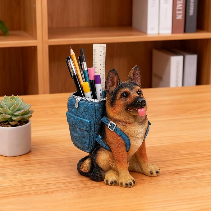 German Shepherd Pen Holder, Office Desk Organizer, Pencil Holder with Backpack, Decorative Resin Dog Statue, Pen Storage for Office, School, Home, Ideal Gift for Dog Lovers (A)