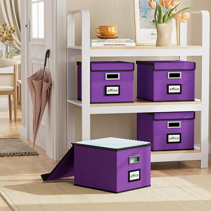 Upgraded File Organizer Boxes with Lids, Linen Hanging Filing & Storage Boxes with Plastic Slides for Office/Decor/Hom, Universal Hanging Filing Organization Boxes for Letter/Legal Folder