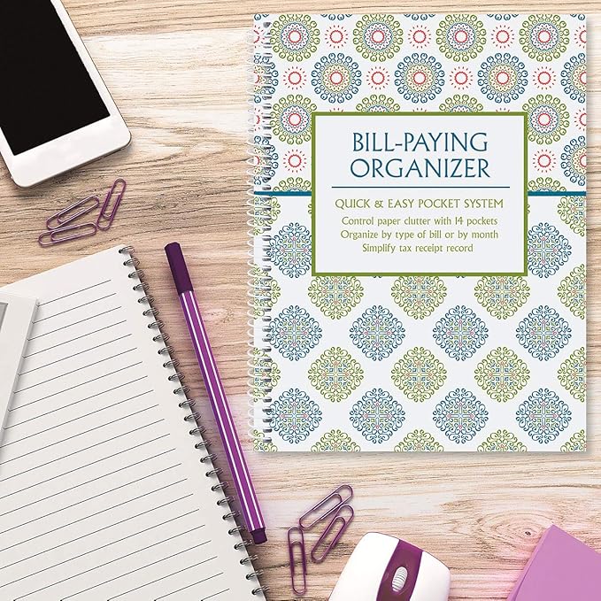Current Fresh Patterns Bill Paying Organizer Book - 9" x 12” Personal Account Book, Spiral Bound, 14 Storage Pockets, 32 Label Stickers, Monthly Finance & Payment Management Tracker for Home & Office