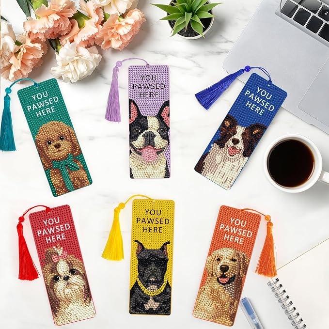 6 Pack Diamond Art Bookmark Kit, Dog Theme with Tassels - Great Gift for Book Lovers and Readers