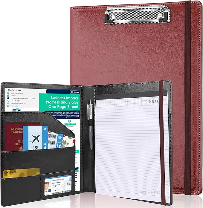 Clipboard Padfolio with Storage Pocket, Clipboard Folder Portfolio Organizer, 360 Degree Foldable Clipboards with Refillable Notepad,Faux Leather Padfolio Organizer for Office School Supplies-Wine Red