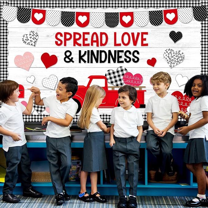 Valentine's Day Bulletin Board Set Valentines Day Classroom Decorations Black White Paper Cutout Love Red Truck Heart Bulletin Board Border for School Chalkboard Door Supplies