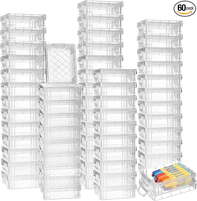 Suzile 60 Pcs Plastic Crayon Boxes with Snap Lids Clear Crayon Organizers and Storage Container, Bulk Stackable Pen Pencil Case for Art Crafts Classroom Office(Clear)