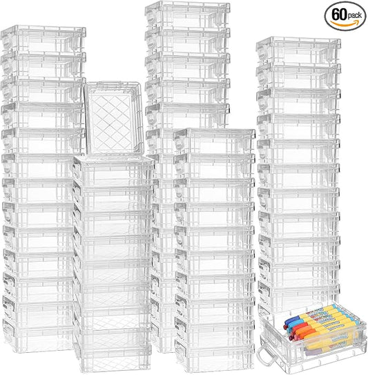 Suzile 60 Pcs Plastic Crayon Boxes with Snap Lids Clear Crayon Organizers and Storage Container, Bulk Stackable Pen Pencil Case for Art Crafts Classroom Office(Clear,60)