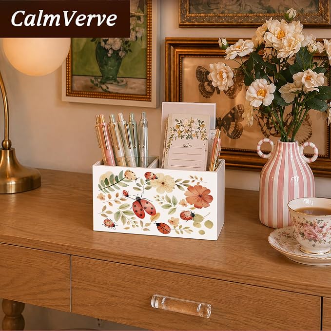 Ladybugs Floral Pen Pencil Holder for Desk Ladybug Gifts for Women, Cottagecore Wildflower Pencil Holders Wooden Box Organizer for Home Office Bedroom Desk Tabletop