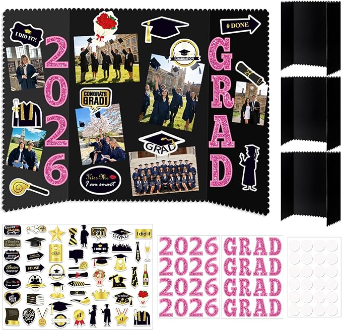 Graduation Photo Display Board - 4 Set Trifold Poster Board for Graduation Party, Pink Folding Picture Presentation Frame for Multiple Pictures Table Decor (24x16 Inches)