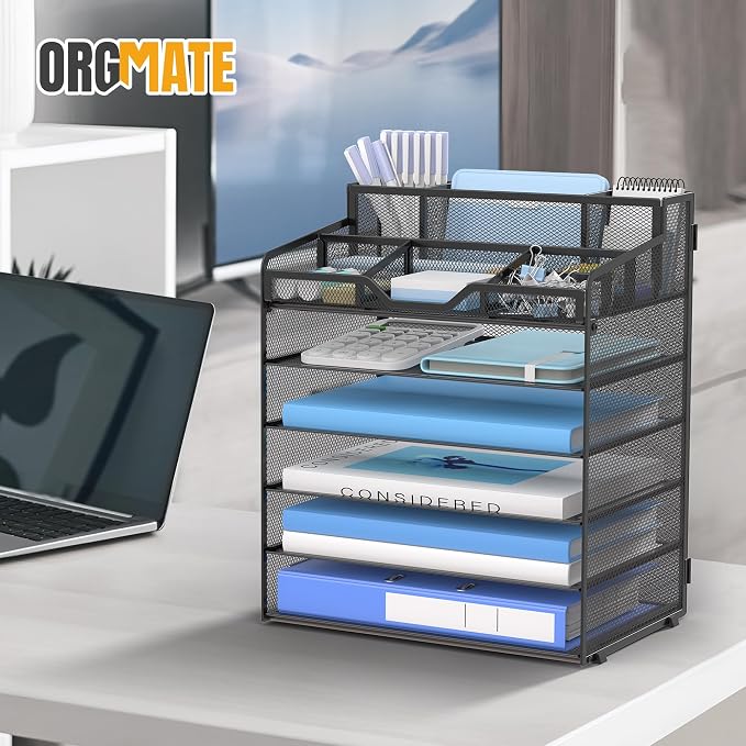 6 Tier Mesh Desk Organizer,Multi Functional Letter Paper Tray with 3 Pen Holders and 5 Adjustable Storage Compartments for Office Supplies Files and Mail Space Saving Desktop Organizer-Black
