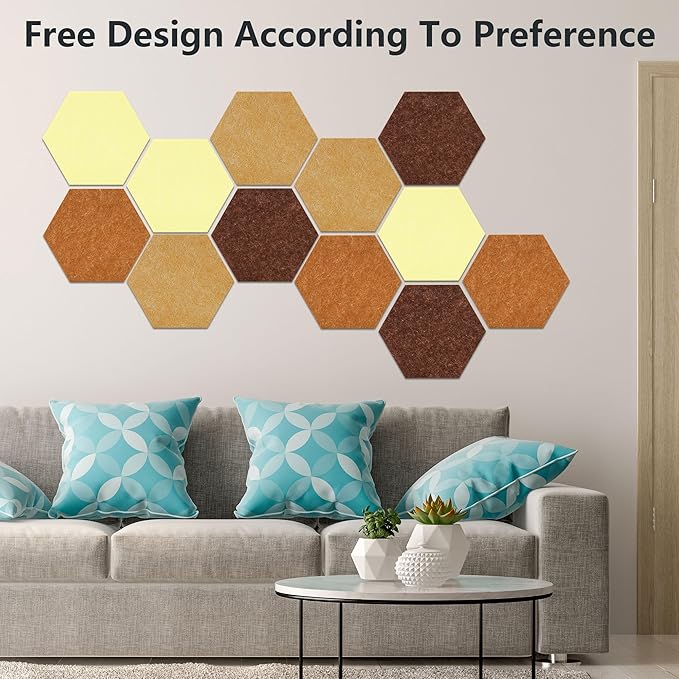 Vienrose Hexagon Felt Bulletin Board Self Adhesive Pin Board Wall Decoration Tiles with 35 Push Pins for Office Home and School, Yellow Series 12 Pack