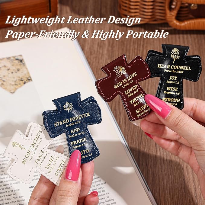 4 PCS Cross Shaped PU Leather Magnetic Bookmarks, Christian Bible Verse Clips with Gold Foil Stamping & Faith Quotes, Leather Book Markers, Religious Gift for Readers, Students & Church Members
